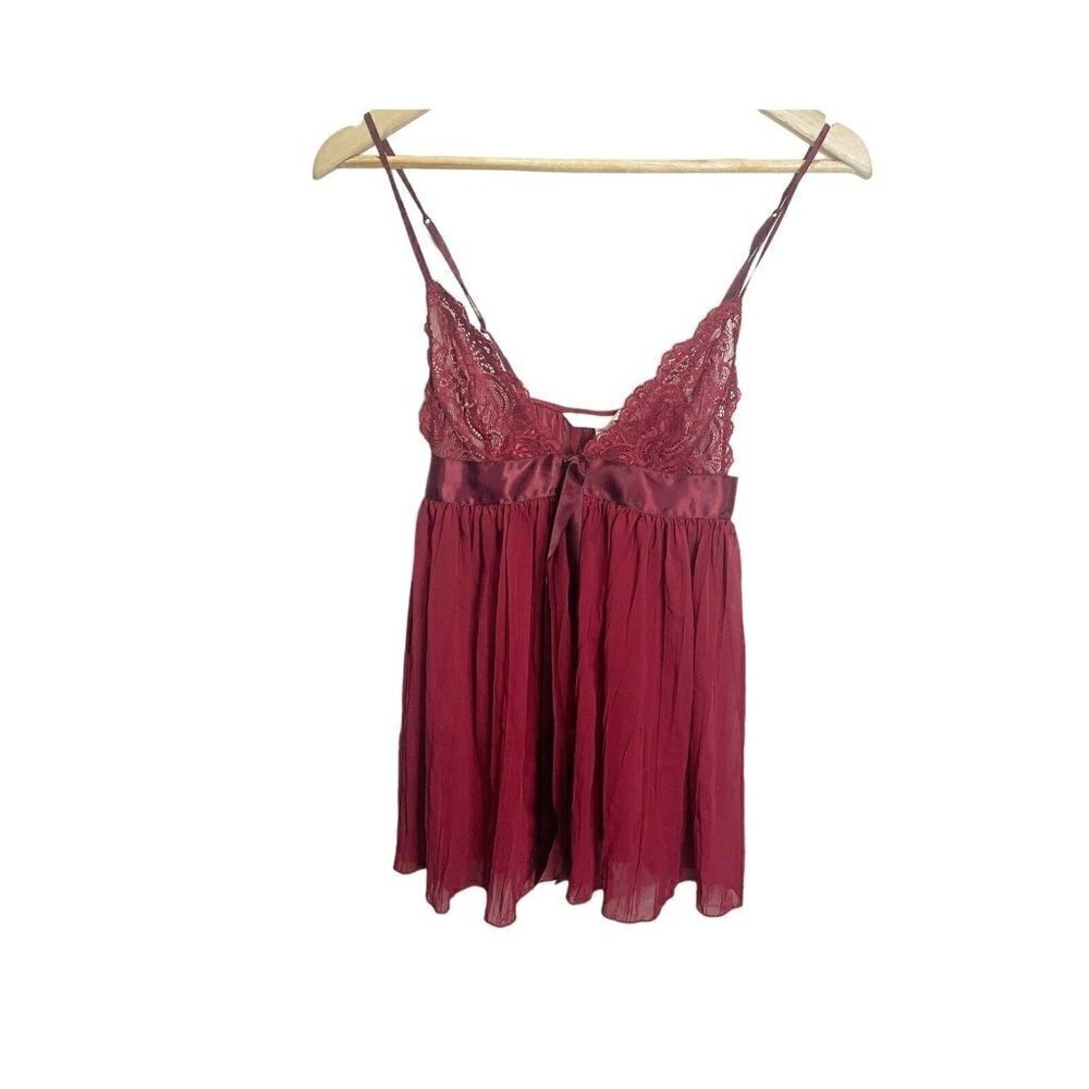 Victoria Secret Red‎ Lace Sheer Pleated Babydoll Slip Dress XS Adjustable Straps